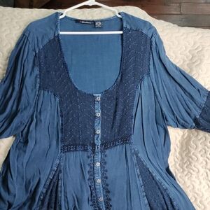 Denim 24/7 Blue Pleated Buttoned Blouse